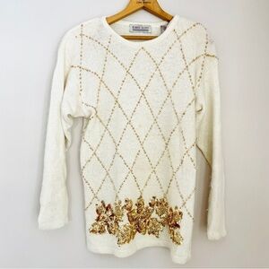 Karen Scott Vintage VTG Silk Angora Blend Ivory Gold Sequin Embellished Small